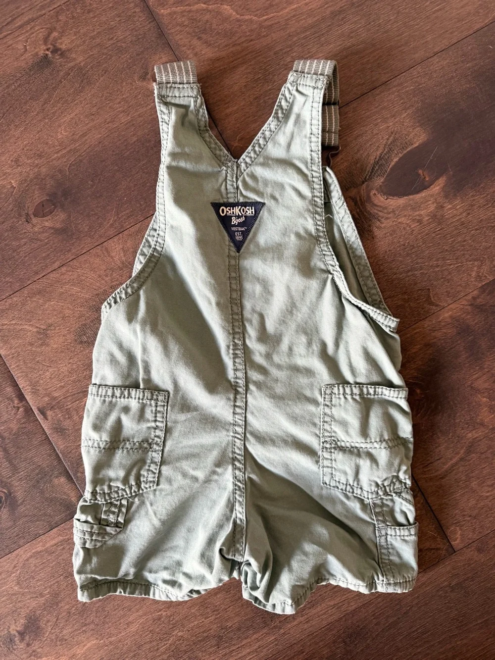 OshKosh B'gosh Trio of Toddler Short Overalls in Green, Navy and Tan